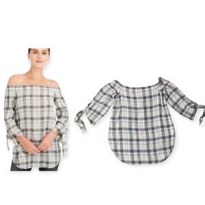 Club Monaco Blouse Women’s Size 00 Off The Shoulder Gray Plaid Wool Blend Top